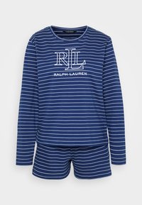 Ναυτικό μπλε σετ πιτζάμας με λευκές οριζόντιες ρίγες, μακρυμάνικη μπλούζα με λογότυπο RLL και ταιριαστά σορτς από απαλό ύφασμα.