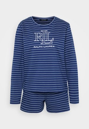 Set di pigiama blu navy con strisce bianche orizzontali, top a maniche lunghe con logo RLL e pantaloni corti coordinati in tessuto morbido.