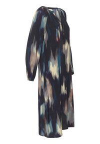 Robe longue aux genoux à manches longues avec un motif abstrait de coups de pinceau en noir, bleu, beige et blanc, avec des boutons au niveau de l'encolure.