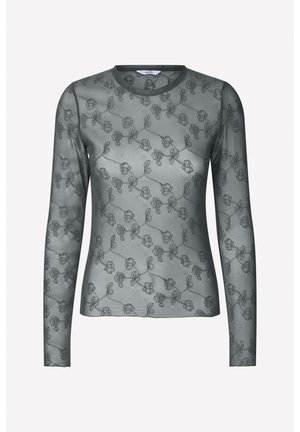 Lange mouw sheer top in donkergrijs met een bloemmotief. Heeft een ronde hals en een textuurdesign dat de delicate bloemen accentueert.