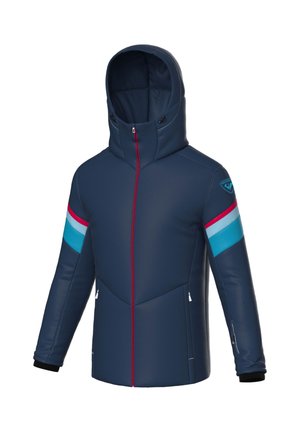 Navy blue jacket with a high collar and hood. Features turquoise and pink stripes on sleeves, zippered front, and side pockets.