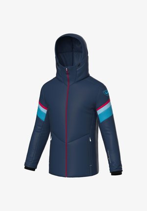 Chaqueta azul marino con un collar alto y capucha. Presenta rayas turquesas y rosas en las mangas, cierre delantero con cremallera y bolsillos laterales.