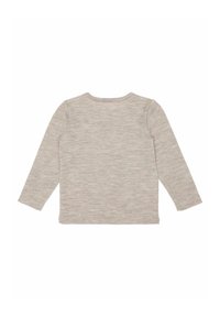 Koszula z długim rękawem w jasnoszarym melanżowym materiale, z okrągłym dekoltem i prostym wzornictwem, o miękkiej fakturze i bez ozdób.