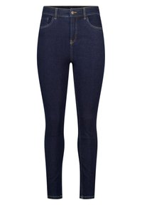 Jeans en denim bleu marine avec une coupe slim, cinq poches, couture dorée et fermeture à bouton standard à la taille. Texture lisse.