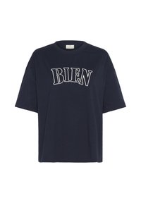 T-shirt en coton bleu marine à manches courtes et coupe décontractée. Arbore un texte brodé blanc "BIEN" dans un design courbé sur le devant.