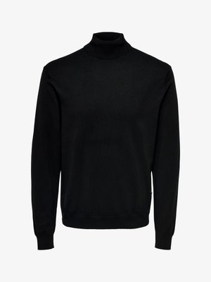 Suéter de cuello alto negro, hecho de tela suave, con mangas largas, puños y dobladillo acanalados, diseño de cuello ajustado y textura lisa.