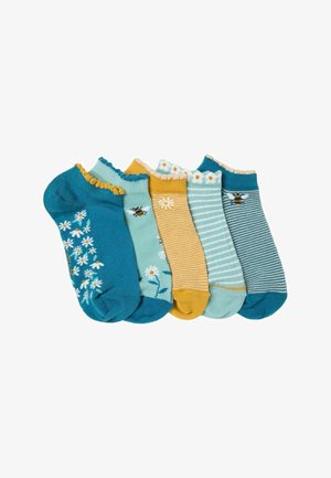 Pet par čarapa za gležnjeve u različitim bojama: tirkizna, mente, žuta i prugasti uzorci. Dizajni uključuju cvijeće i pčele. Rukavi s naborima.