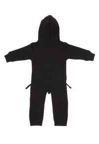 Zwart hoodie jumpsuit met lange mouwen, elastische manchetten en verstelbare trekkoord in de taille. Glad materiaal en eenvoudig, effen ontwerp.