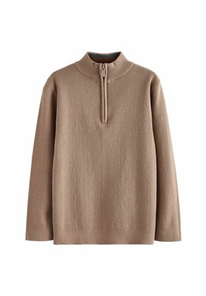 Khaki sweter typu pulower z wysokim kołnierzem, pół zamkiem z przodu, miękką teksturą i długimi rękawami. Posiada prążkowany kołnierz i wykończenie.