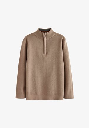 Khaki pullover svetr s vysokým límcem, předním polovičním zipem, měkkou texturou a dlouhými rukávy. Obsahuje žebrovaný límec a lem.