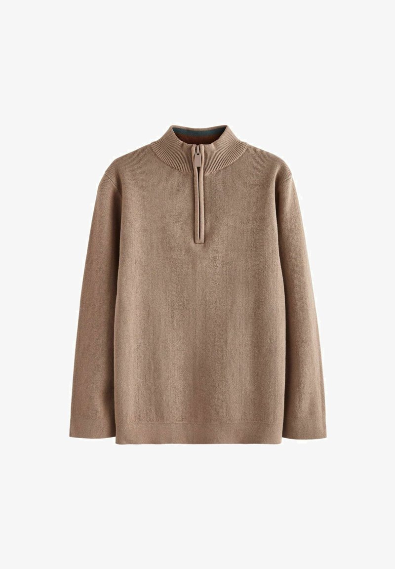 Khaki värvi kerge kõrge kaelusega pullover, millel on pool tõmblukk esiküljel, pehme tekstuur ja pikad varrukad. Omaduseks on soonikkoes kaelus ja äär.