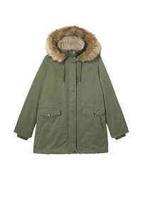Parka olive avec une capuche amovible en fausse fourrure, des cordons de serrage, deux poches à rabat et une doublure intérieure douce.