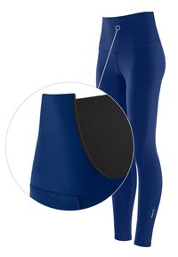 Sötétkék leggingsek magas derékkal. Fekete panel díszítéssel és testre simuló fazonnal rendelkezik. Simább textúrával és rugalmas anyaggal készült.