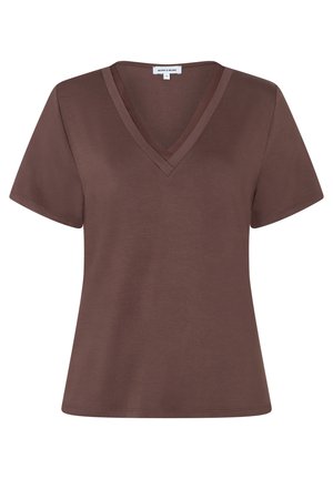Braunes T-Shirt mit kurzen Ärmeln und V-Ausschnitt, doppelter Kragen und geradem Saum, Größe 36, Markenetikett „More & More“ innen am Kragen.