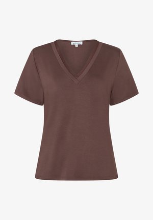 Braunes T-Shirt mit kurzen Ärmeln und V-Ausschnitt, doppelter Kragen und geradem Saum, Größe 36, Markenetikett „More & More“ innen am Kragen.