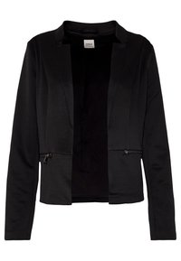 Blazer noir sur mesure avec manches longues et poches zippées, col sans col et design à ouverture frontale.