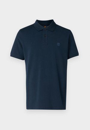 Jūrinės mėlynos spalvos polo marškiniai, pagaminti iš medvilnės, su apykakle, trijų sagų užsegimu ir mažu logotipu ant krūtinės. Trumpomis rankovėmis.