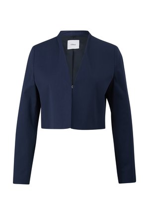 Marineblauer, taillierter Blazer mit langen Ärmeln, V-Ausschnitt und einem einzelnen metallischen Verschluss. Hergestellt aus glattem, gewebtem Stoff.