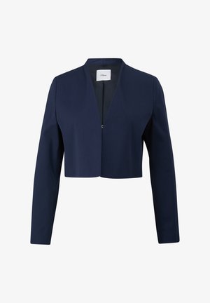 Marineblauer, taillierter Blazer mit langen Ärmeln, V-Ausschnitt und einem einzelnen metallischen Verschluss. Hergestellt aus glattem, gewebtem Stoff.