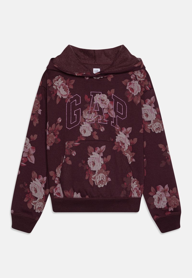 Bordový mikina s květinovým potiskem, s přední kapsou, ribbed lemem a kapucí. Logo "GAP" v bílých konturových písmenech. Měkká textura látky.