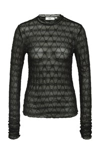 Svart långärmad topp i lätt, strukturerad mesh med hexagonmönster och rynkade ärmar, med rund halsringning.
