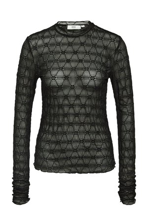 Černý dlouhý rukáv top vyrobený z lehké, texturované síťoviny s hexagonálním vzorem a řasenými rukávy, s kulatým výstřihem.