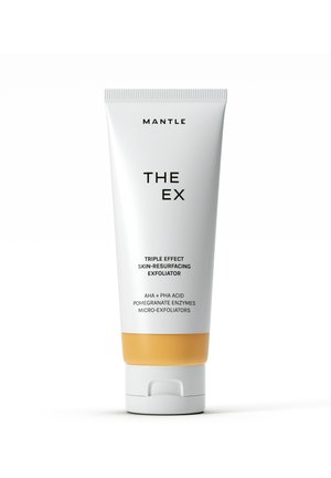Mantle The Ex hudfornyende eksfolieringscreme tube med AHA, PHA syre, granatæble-enzymer og mikroeksfolianter, hvid med gul hætte.