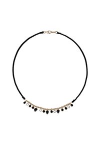 Collier en cordon noir avec une chaîne dorée ornée d'accents en forme de goutte d'eau alternant entre noir et transparent. Fermoir ajustable à l'arrière.