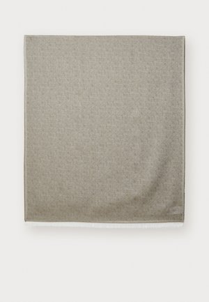 Olive green scarf with repeated light beige text pattern, finished with soft fringed edges. Made of lightweight fabric, rectangular shape.