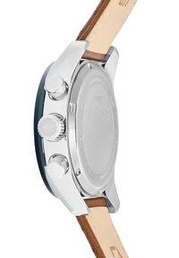 Orologio in acciaio inox con cassa tonda, ghiera blu e cinturino in pelle marrone. Le caratteristiche includono due pulsanti e una corona texturizzata.