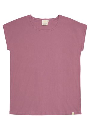 Top a maniche corte, dalla vestibilità ampia, in colore rosa tenue, realizzato in tessuto a costine. Presenta un colletto a giro e un piccolo etichetta con logo all'orlo.