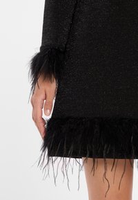 Zwarte jurk met een glanzende textuur en lange, zwarte veeraccenten bij de manchetten en de zoom, met ingewikkelde details.