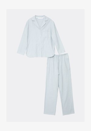 Hellblau-weiße gestreifte Schlafanzugset mit einer langärmeligen, knöpfbaren Oberteil mit Brusttasche und passenden Jogginghosen mit Kordelzug.