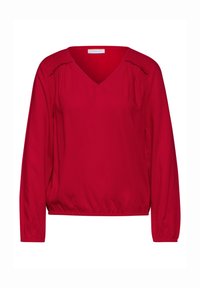 Rode blouse met lange mouwen, voorzien van een V-hals, gathers bij de schouders en een elastische onderrand. Gladde stof met een licht glanzende textuur.