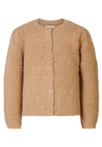 Beige textured cardigan with a round neckline, featuring five buttons down the front and slightly puffed sleeves. Soft, fluffy material.