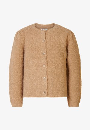 Beige tekstureret cardigan med rund halsudskæring, der har fem knapper foran og let puffede ærmer. Blødt, fluffy materiale.