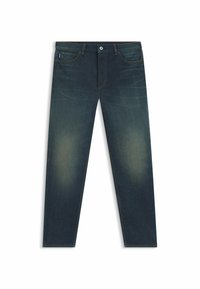 Jeans in denim blu scuro con taglio dritto, caratterizzati da un leggero sbiadimento vicino alle cosce, cuciture arancioni e design standard delle tasche anteriori.