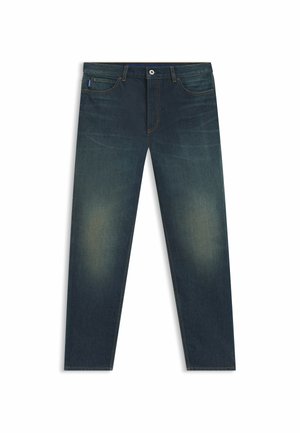 Donkerblauwe denim jeans met een rechte pijp, met lichter vervaging bij de dijen, oranje stiksels en een standaard ontwerp voor de voorkant van de zak.