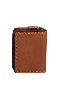 Portafoglio in pelle marrone con chiusura a cerniera, forma rettangolare, cuciture visibili e texture liscia. Design compatto per una facile portabilità.
