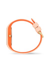 Smartwatch arancione in gomma con un cinturino liscio e un quadrante rettangolare. Presenta un bottone dorato e una fibbia rosa per una vestibilità regolabile.