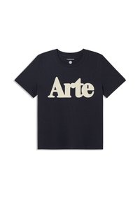 T-shirt en coton bleu marine avec un grand graphique crème "Arte" sur le devant. Manches courtes et col rond avec une coupe décontractée.