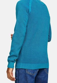 Uomo che indossa un maglione a maniche lunghe testurizzato color turchese e jeans blu, visto di spalle all'altezza della vita.