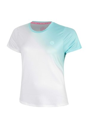 Damen-Sportshirt mit kurzen Ärmeln, weiß bis helltürkis verlaufend, Rundhalsausschnitt und kleinem Logo auf der Brust.