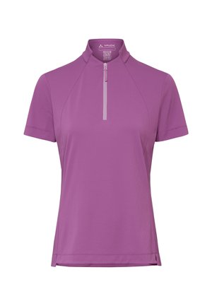 Paars fietsjersey met korte mouwen, een ritssluiting tot een kwart en een hoge kraag, met het Vaude-merklogo aan de binnenkant van de kraag.