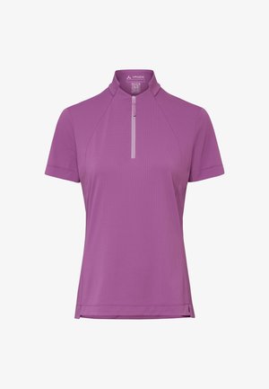 Lila Radtrikot mit kurzen Ärmeln, einem Viertelreißverschluss und hohem Kragen, das das Vaude-Markenlogo auf der Innenseite des Kragens zeigt.