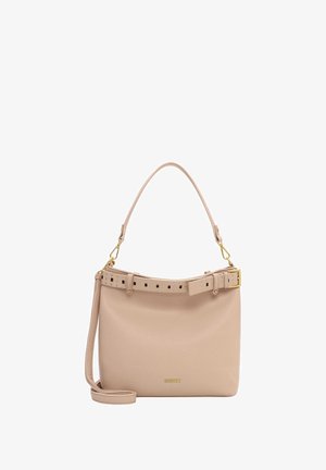 Béžová kožená kabelka s pevnou strukturou, vybavená ozdobným páskovým popruhem se čtvercovými akcenty a odnímatelným ramenním popruhem.