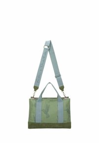 Groene canvas tas met blauwe hengsels, voorzien van een kolibriepatroon, korte handvatten en een verstelbare schouderband. Geaccentueerd met suède.