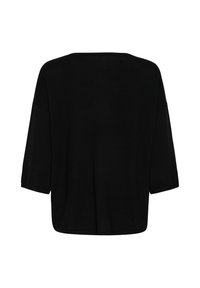 Haut noir uni à manches trois-quarts vu de dos, sans motifs ni décorations visibles, coupe simple et ample.