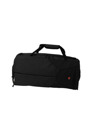 Sac de sport rectangulaire noir avec poignée rembourrée, compartiment principal zippé et petit logo rouge et blanc sur la poche avant.