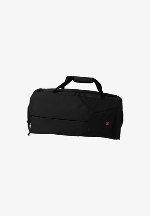 Zwarte rechthoekige sporttas met een gevoerde handgreep, ritsvak in het hoofdcompartiment en een klein rood en wit logo op de voorzak.